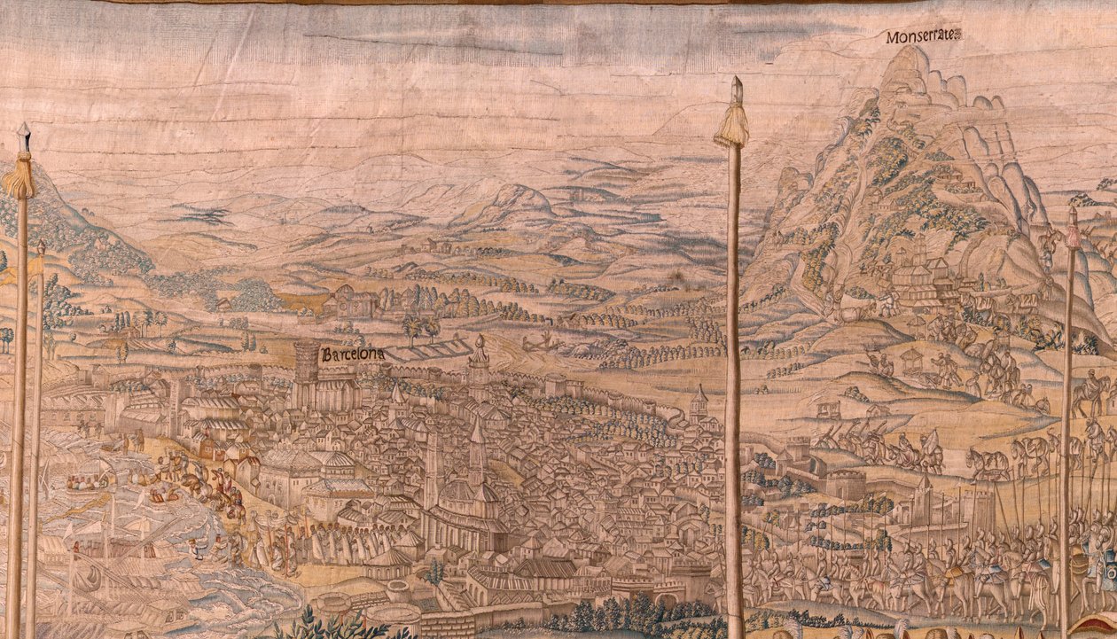 flamsk billedvev. Serien Erobringen av Tunis; Gjennomgang av troppene i Barcelona (La revista de las tropas en Barcelona). Andre billedvev i serien. Modell Jan Vermeyen og Pieter Coecke van Aelst. 1543-1548. Produksjon Real Fábrica de Tapices de Sant av Jan Cornelisz Vermeyen