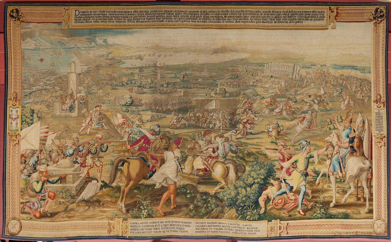 flamsk billedvev. Serien Erobringen av Tunis. Angrepet på La Goleta (Ataque a la Goleta). Fjerde billedvev i serien. Modell Jan Vermeyen og Pieter Coecke van Aelst. 1543-1548. Produksjon Real Fábrica de Tapices de Santa Bárbara, Madrid av Jan Cornelisz Vermeyen