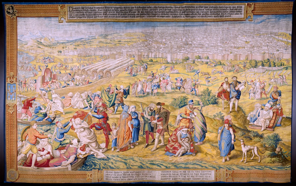 Flemish tapestry. Series The conquest of Tunis: The plunder of Tunis (De plundering van Tunis). Cartoonist Jan Cornelisz Vermeyen. Atelier Willem de Pannemaker, Brussels. Ca 1545.   1323878   no       norwegian Successfully Translated  Original: Dirk Trans av Jan Cornelisz Vermeyen