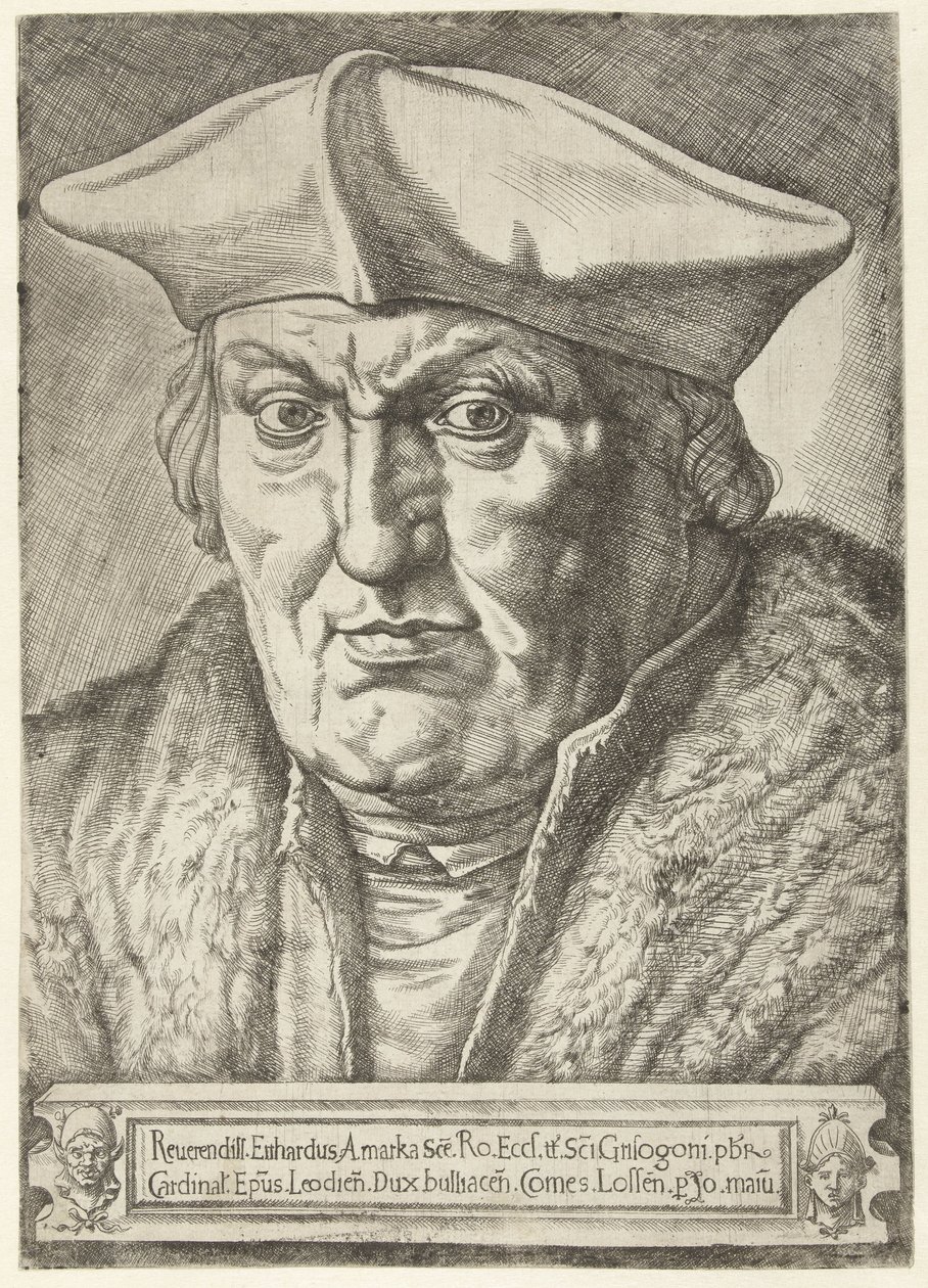 Portrett av Erard de la Marck, prins-biskop av Liège Reurendill Euhardus Amarka ... bulliacen Comes Lossen (tittel på objekt) av Jan Cornelisz Vermeyen