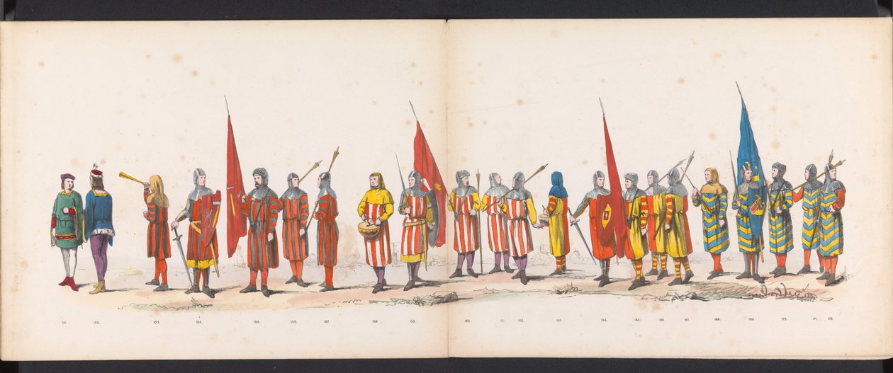 Maskerade av Leiden-studentene, 1865 (plate 13) Utkledd prosesjon holdt av medlemmene av Leiden studentkorps 6. juni 1865, for å feire 290-årsjubileet for Leidsche Hoogeschool, som viser: nederlendernes inntreden b. av Jan Daniël Cornelis Carel Willem baron de Constant Rebecque