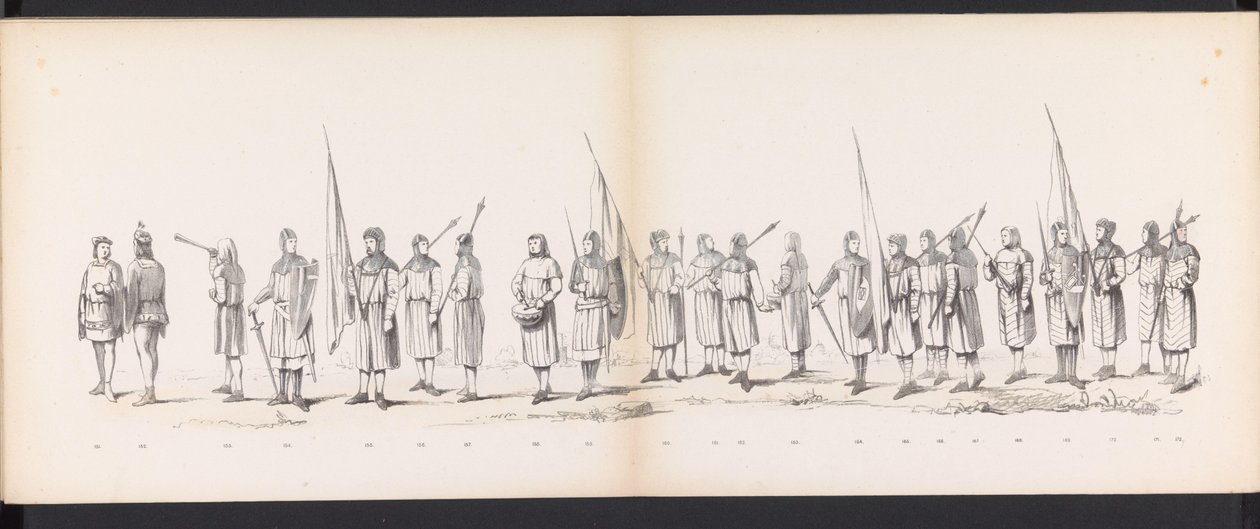 Maskerade av Leiden-studentene, 1865 (plate 13) Utkledd prosesjon holdt av medlemmene av Leiden studentkorps 6. juni 1865, for å feire 290-årsjubileet for Leidsche Hoogeschool, som viser: nederlendernes inntreden b. av Jan Daniël Cornelis Carel Willem baron de Constant Rebecque