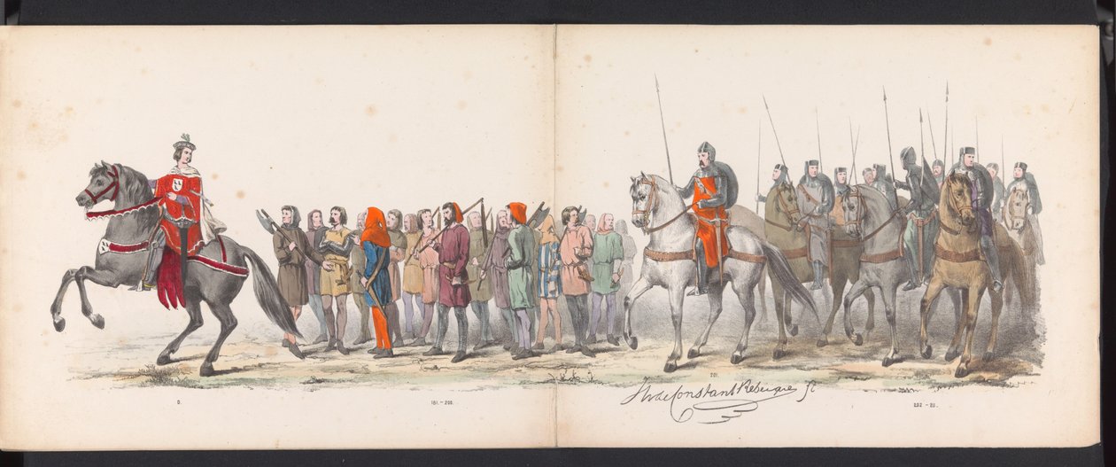 Maskerade av Leiden-studentene, 1865 (plate 15) Utkledd prosesjon holdt av medlemmene av Leiden studentkorps 6. juni 1865, for å feire 290-årsjubileet for Leidsche Hoogeschool, som viser: nederlendernes inntreden b. av Jan Daniël Cornelis Carel Willem baron de Constant Rebecque