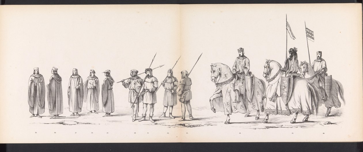 Maskerade av Leiden-studentene, 1865 (plate 3) Kostymert prosesjon holdt av medlemmene av Leiden studentkorps den 6. juni 1865, for å feire 290-årsjubileet for Leidsche Hoogeschool, som viser: nederlendernes inntreden i av Jan Daniël Cornelis Carel Willem baron de Constant Rebecque