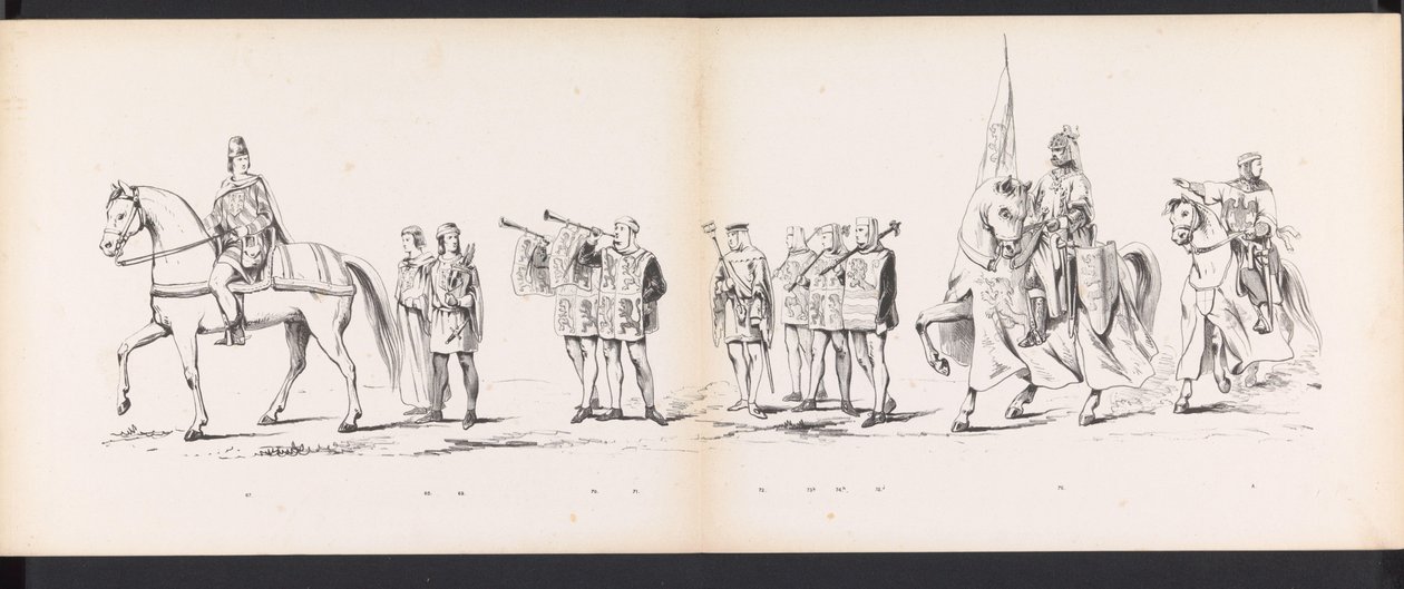 Masquerade of the Leiden Students, 1865 (plate 6) Utkledd prosesjon holdt av medlemmene av Leiden studentkorps 6. juni 1865, for å feire 290-årsjubileet for Leidsche Hoogeschool, som viser: nederlendernes inntreden i av Jan Daniël Cornelis Carel Willem baron de Constant Rebecque