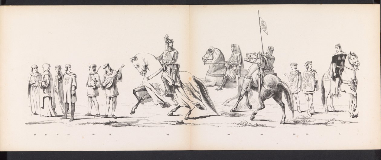Maskerade av Leiden-studentene, 1865 (plate 8) Kostymert prosesjon holdt av medlemmene av Leiden studentkorps 6. juni 1865, for å feire 290-årsjubileet for Leidsche Hoogeschool, som viser: nederlendernes inntreden i av Jan Daniël Cornelis Carel Willem baron de Constant Rebecque