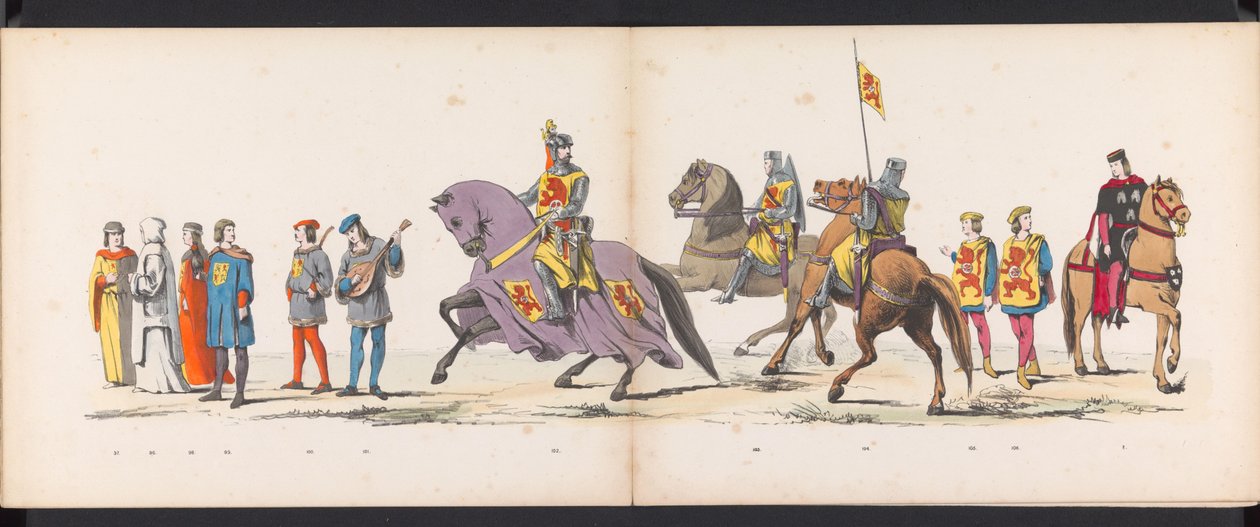 Masquerade of the Leiden Students, 1865 (plate 8) Utkledd prosesjon holdt av medlemmene av Leiden studentkorps den 6. juni 1865, for å feire 290-årsjubileet for Leidsche Hoogeschool, som viser: nederlendernes inntreden i av Jan Daniël Cornelis Carel Willem baron de Constant Rebecque