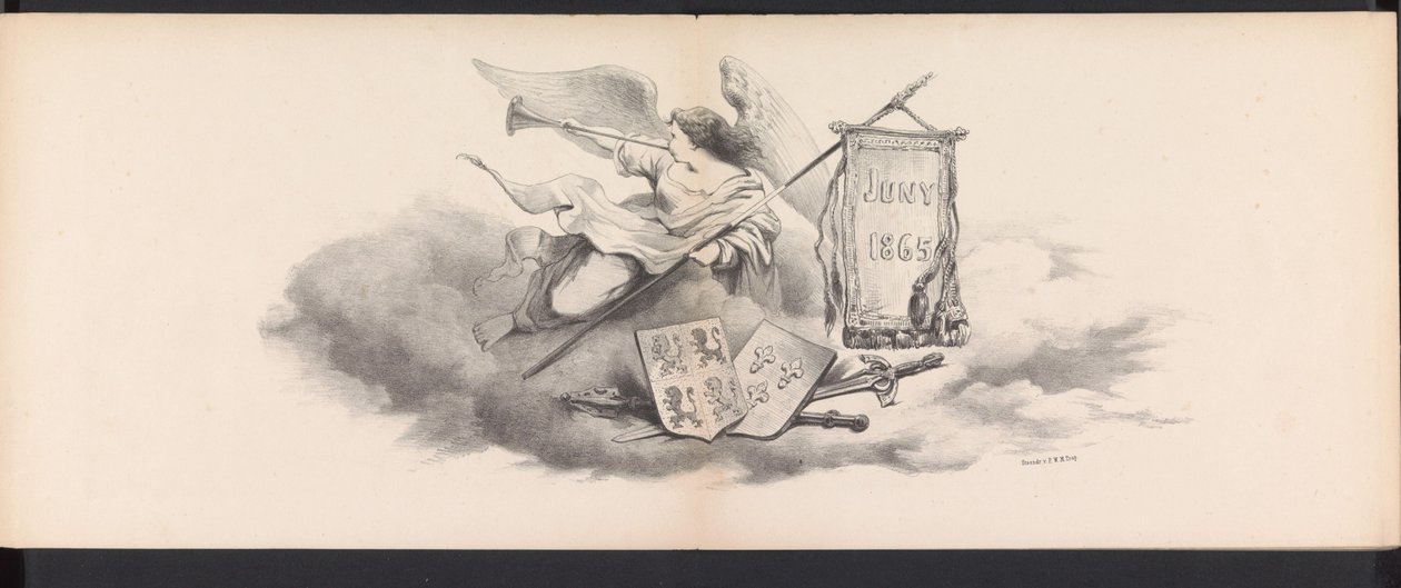 Masquerade of the Leiden Students, 1865 (tittel) Utkledd prosesjon holdt av medlemmene av Leiden studentkorps 6. juni 1865, for å feire 290-årsjubileet for Leidsche Hoogeschool, som viser: nederlendernes inntreden i av Jan Daniël Cornelis Carel Willem baron de Constant Rebecque