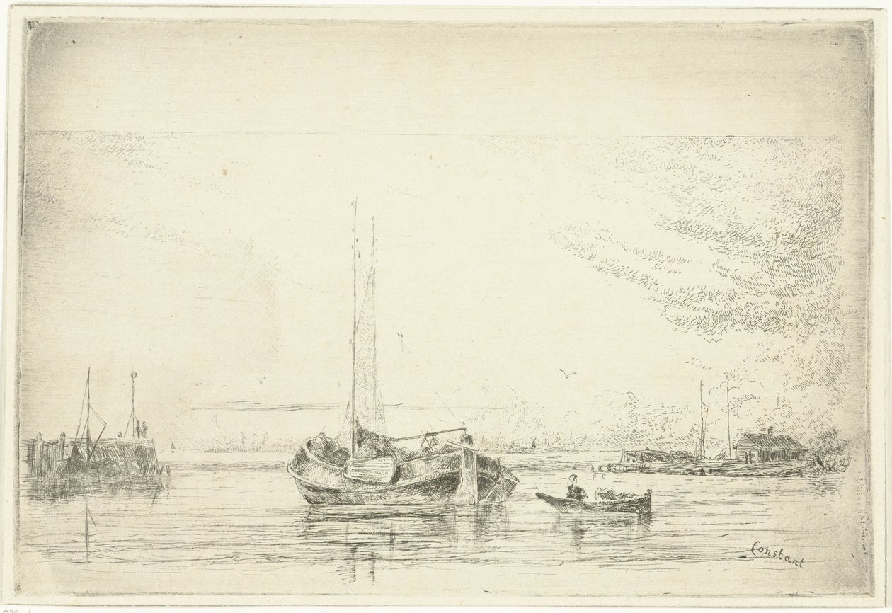 Elveutsikt med lekter og robåt av Jan Daniël Cornelis Carel Willem baron de Constant Rebecque