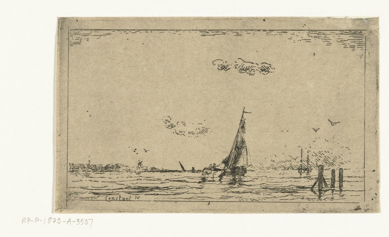 Elveutsikt med seilskute av Jan Daniël Cornelis Carel Willem baron de Constant Rebecque