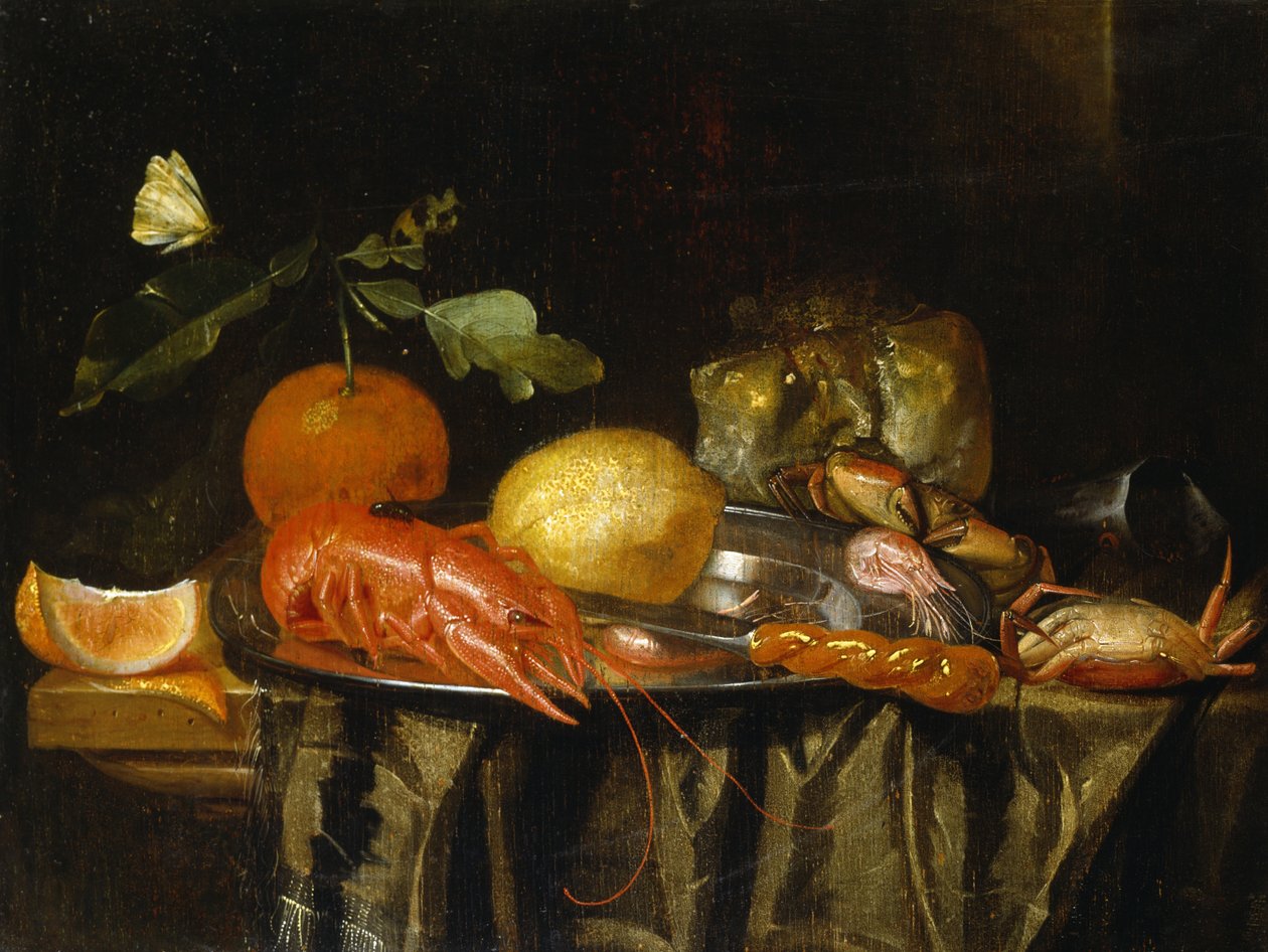 En kreps, reker og en sitron på en tinnplate på et drapert bord (olje på lerret) av Jan Davidsz de (after) Heem
