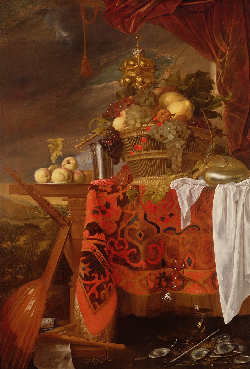 En kurv med blandet frukt med forgylt kopp, sølvbeger, Nautilus, glass og fersken på en tallerken av Jan Davidsz de Heem