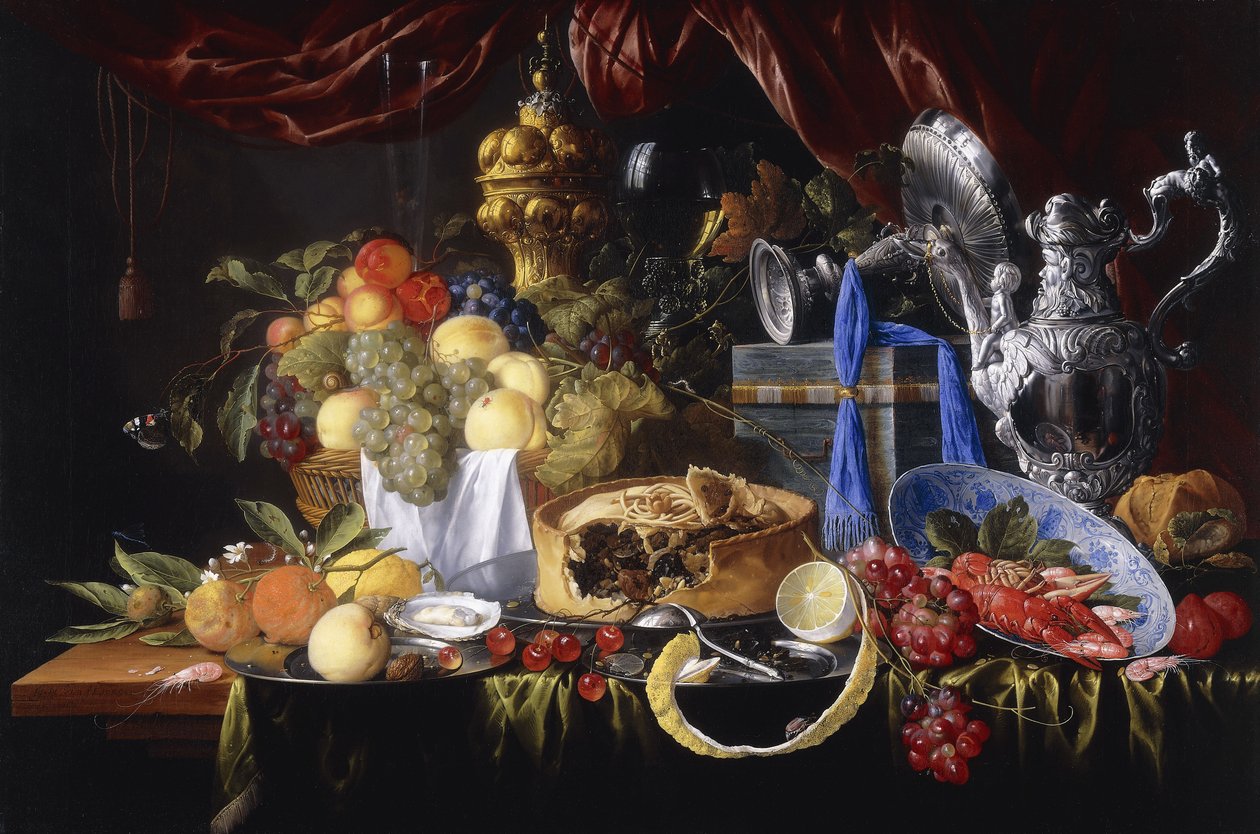 En pai på en tinntallerken, en delvis skrelt sitron, en sølvskje på en tinntallerken, kreps og reker i en Wanli Kraak Porseleinskål, 1649 av Jan Davidsz de Heem