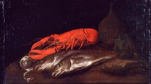 Et stilleben av en hummer og fisk på et bord av Jan Davidsz de Heem