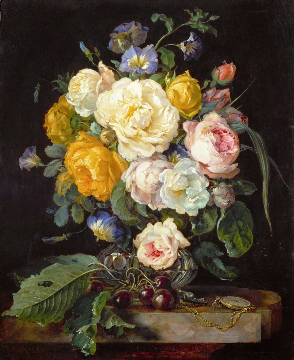 Barokk: Stilleben med peoner, kirsebær og et lommeur - Stilleben med peoner, kirsebær og et lommeur av Heem, Jan Davidsz. av (1606–1684) av Jan Davidsz de Heem