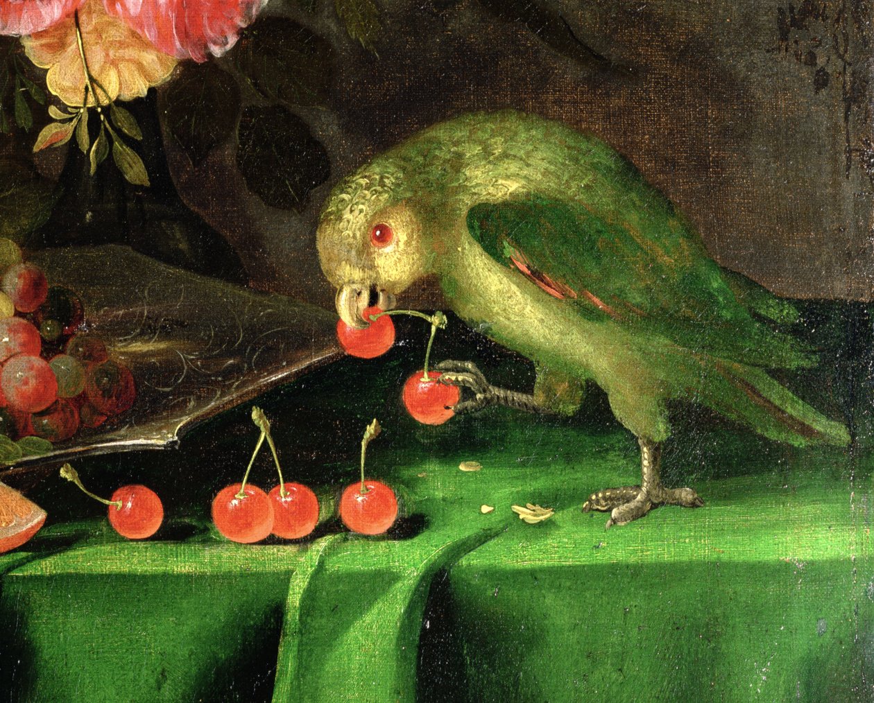 Still Life of Fruit and Flowers, detalj av en papegøyeolje på lerret detalj av 100411 av Jan Davidsz de Heem