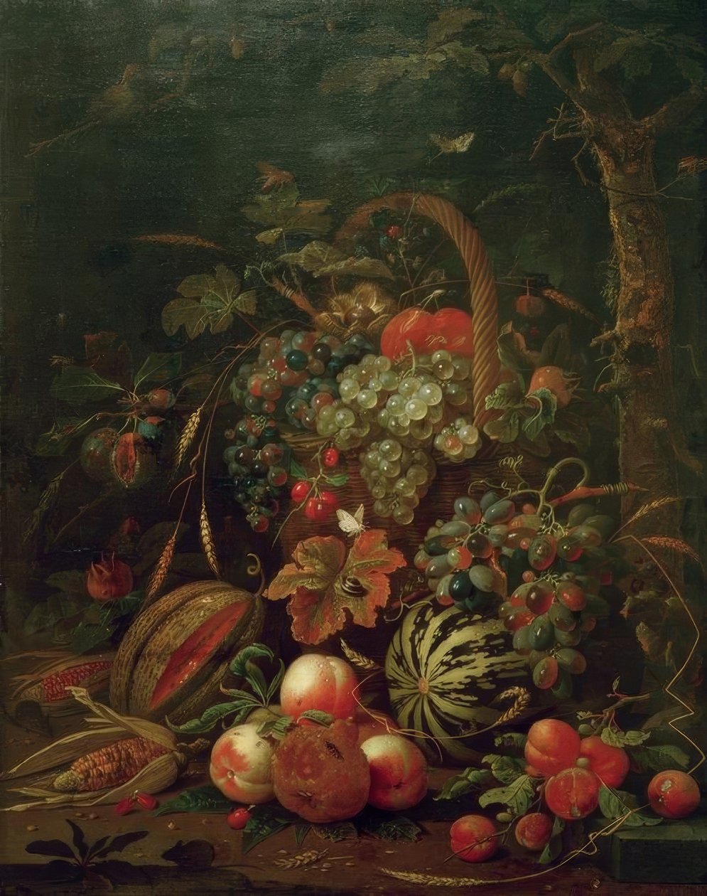 Stilleben med fruktkurv, gresskar, melon og fersken på ei eik av Jan Davidsz de Heem