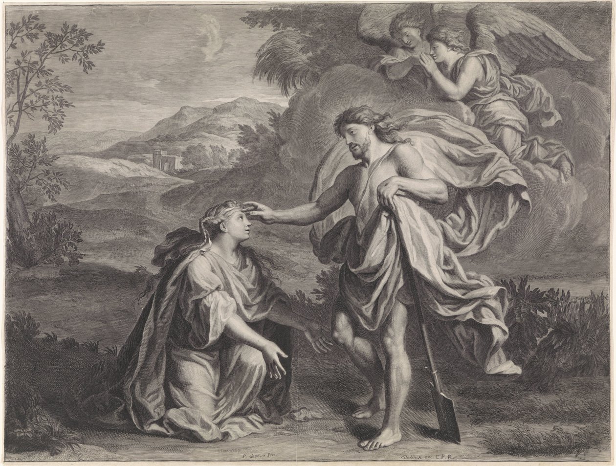Kristus fremstår som en gartner for Maria Magdalena (Noli me tangere) av Jan Edelinck (possibly)