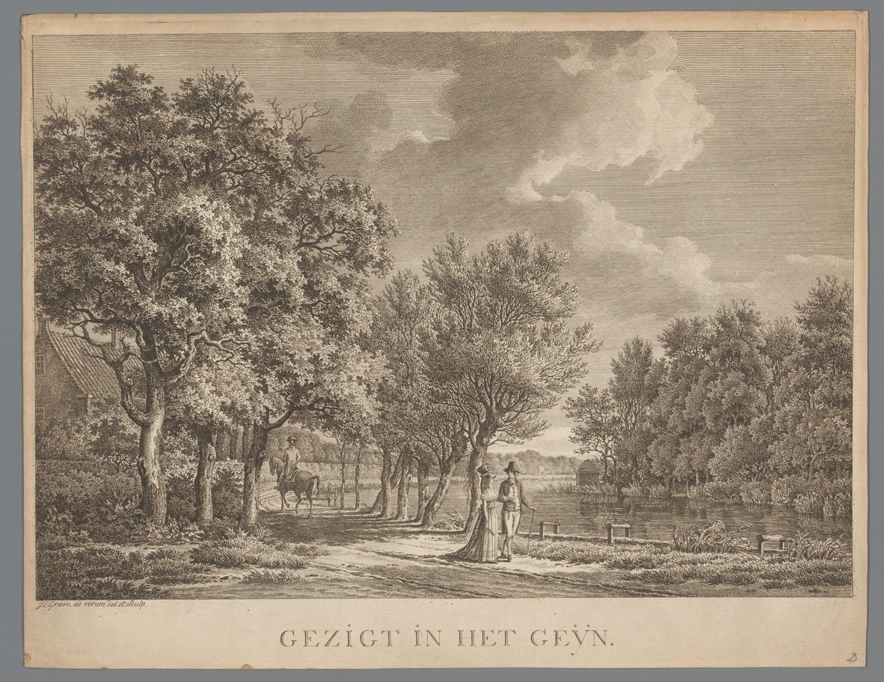 Landskap med et par som går langs bredden av Gein Gezigt in het Geÿn (tittel på objekt) av Jan Evert Grave