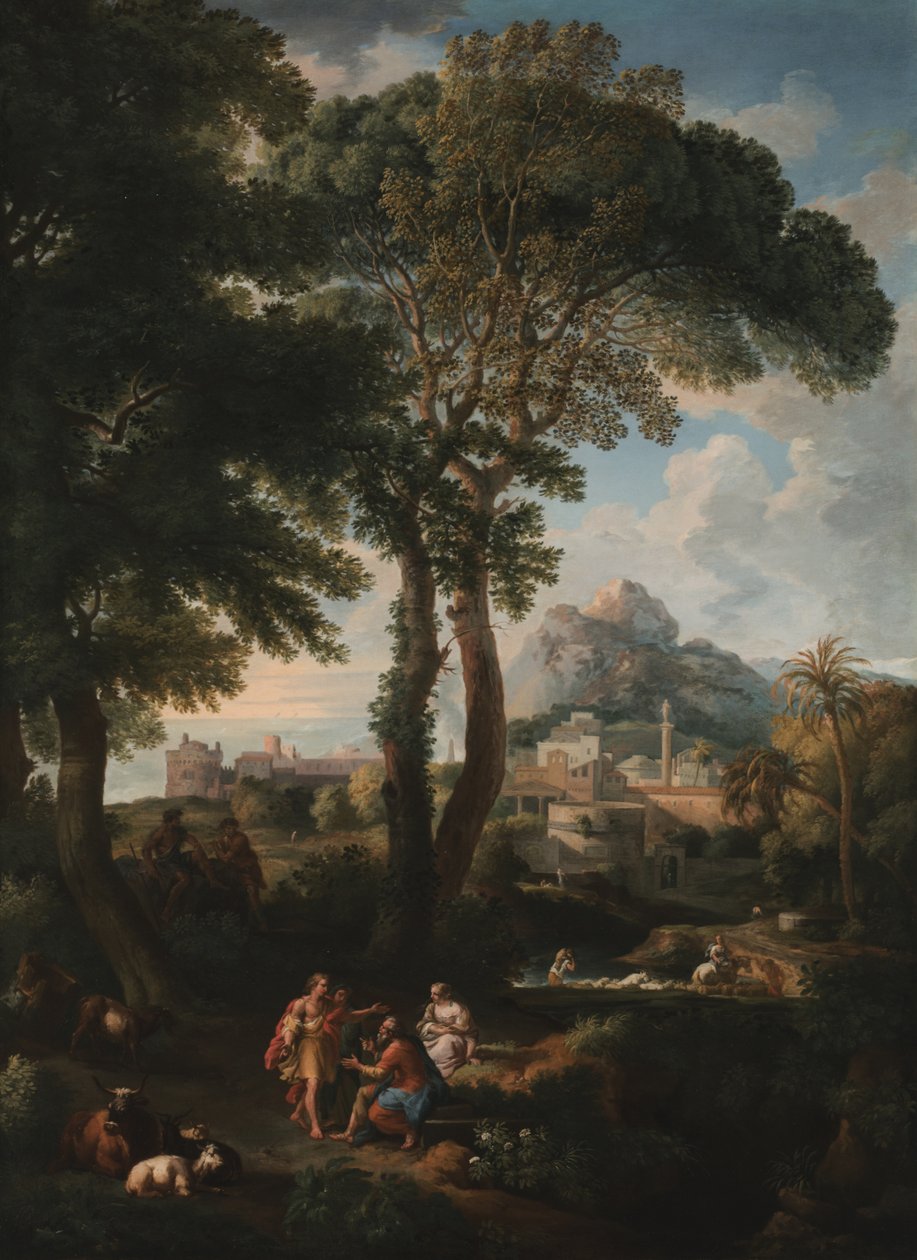 Et klassisk elvelandskap med figurer som hilser på hverandre på en vei i forgrunnen, utsikt over en by i det fjerne (olje på lerret) av Jan Frans van Bloemen