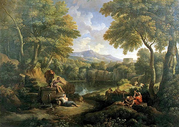 Landskap med figurer ved en brønn (olje på lerret) av Jan Frans van Bloemen
