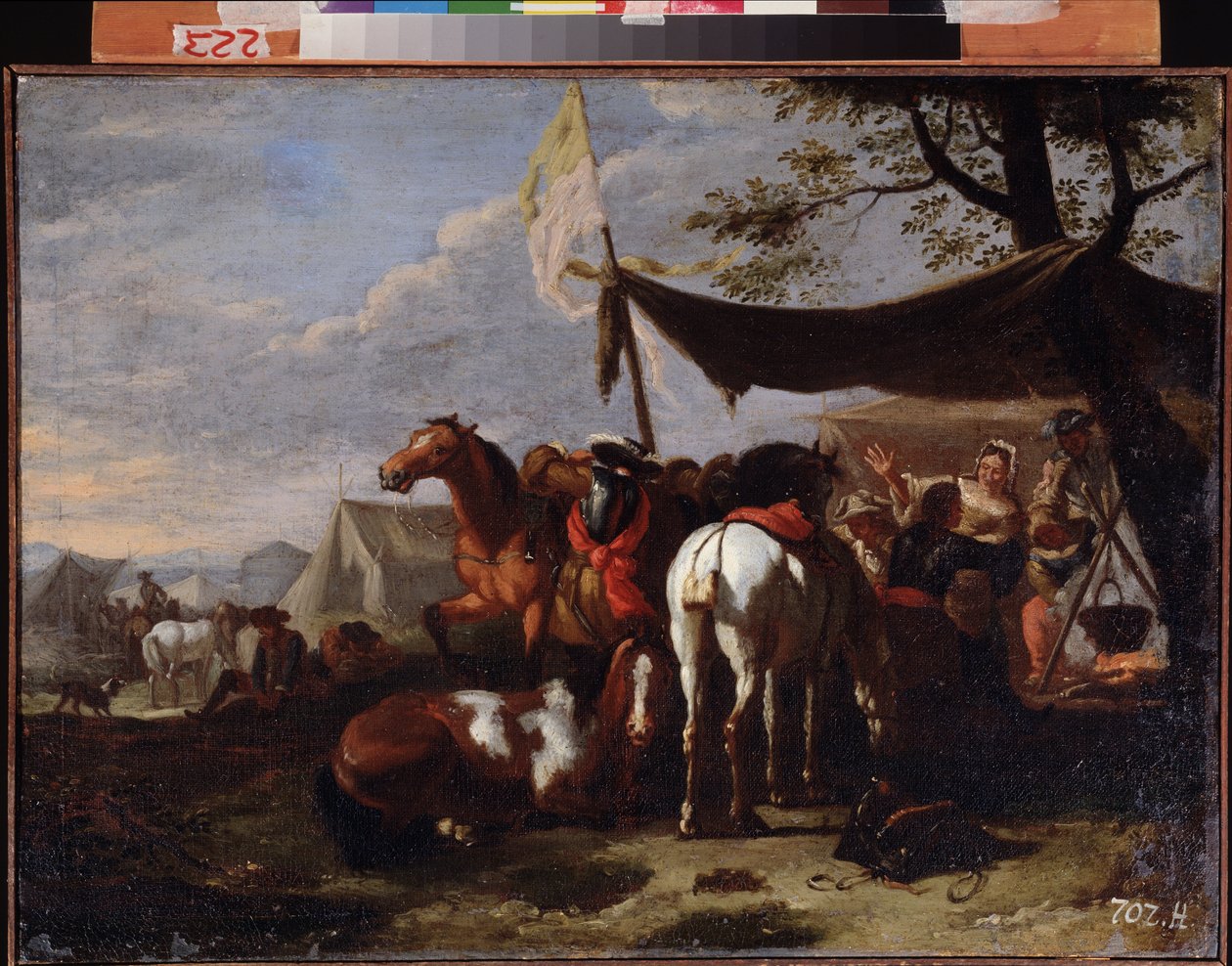 ""Group of Horsemen At Camp"" (A Cavalry Camp) Maleri av Jan Frans van Bloemen (1662-1749) 1700-tallets Far Eastern Art Museum, Khabarovsk Russland av Jan Frans van Bloemen