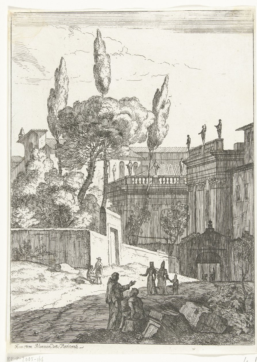 Italiensk landskap med antikke bygninger og figurer av Jan Frans van Bloemen