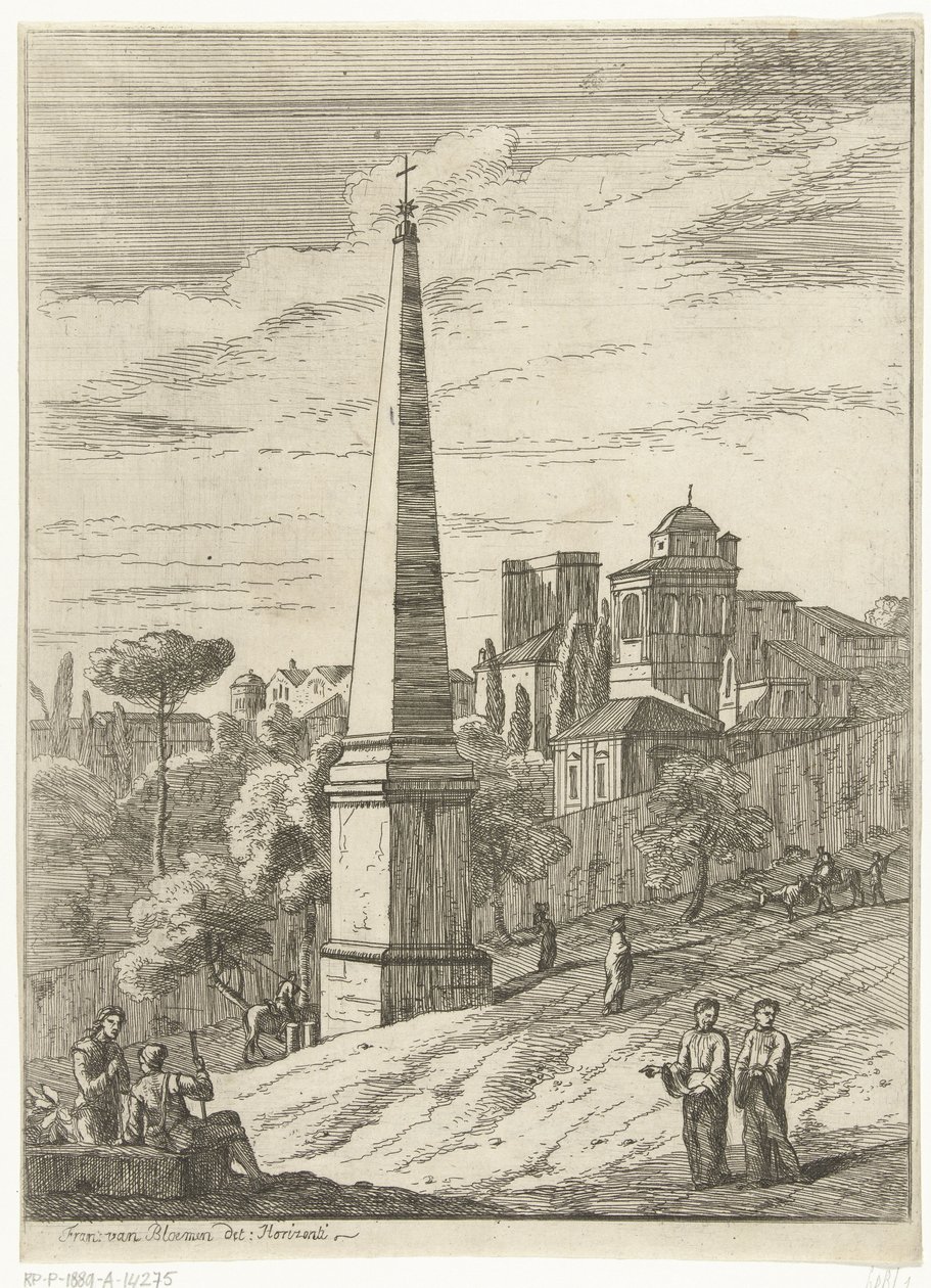 Italiensk landskap med en obelisk og utsikt over byen av Jan Frans van Bloemen