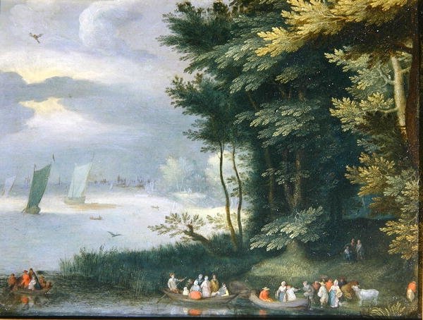 Banks of a Lake med figurer som går om bord i robåter (olje på lerret) av Jan Frans van Bredael