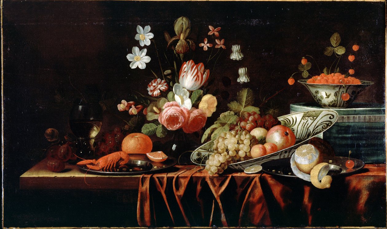 Stilleben med frukt, blomster og kreps av Jan Frans van Son