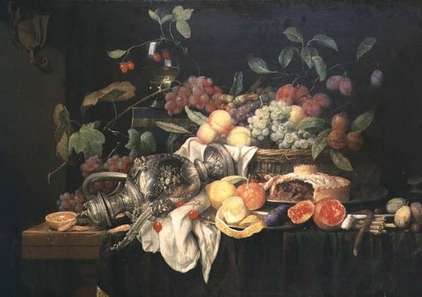 Stilleben med tinnflagg, kjøttdeig og frukt av Jan Frans van Son