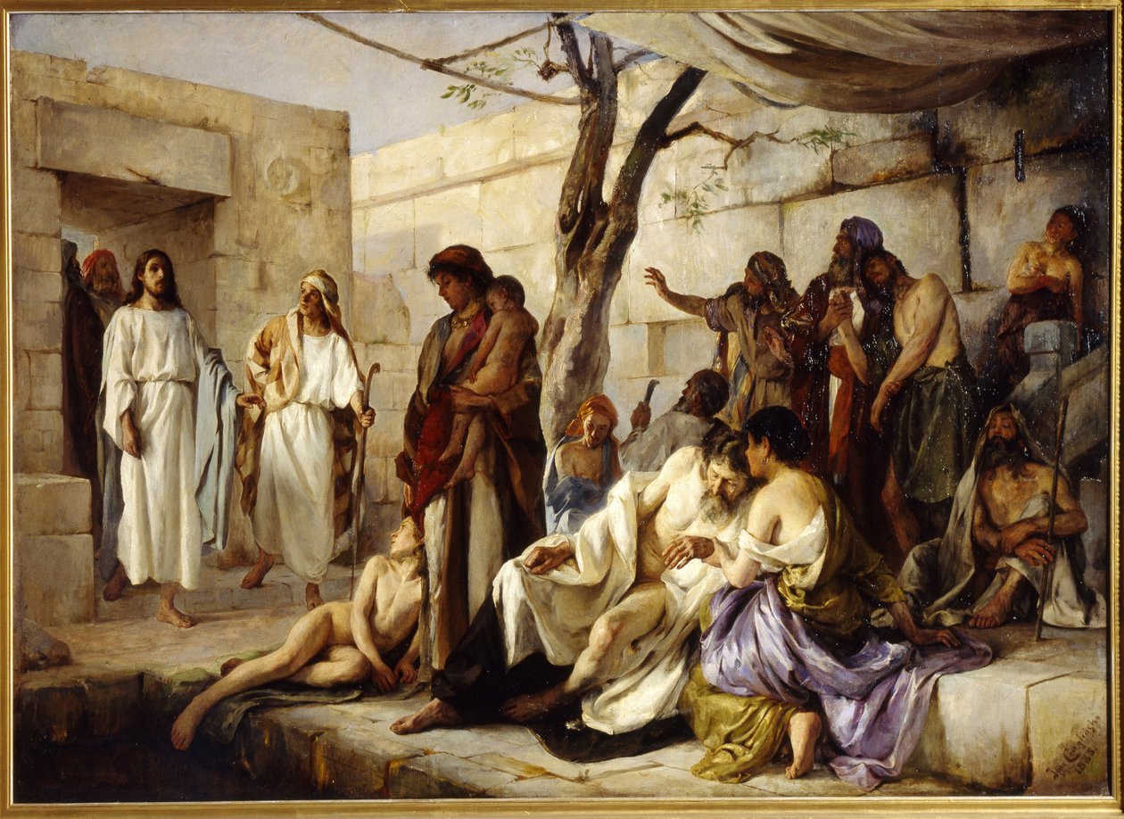 Miraklet ved bassenget i Bethesda. Ligger på veien fra Beth Zeta (Israel) til Jerusalem, nærmer Jesus Kristus seg bassenget der de lammede samles og helbreder mirakuløst en syk person. Maleri av Jan av Jan Franzevich Cloginsky