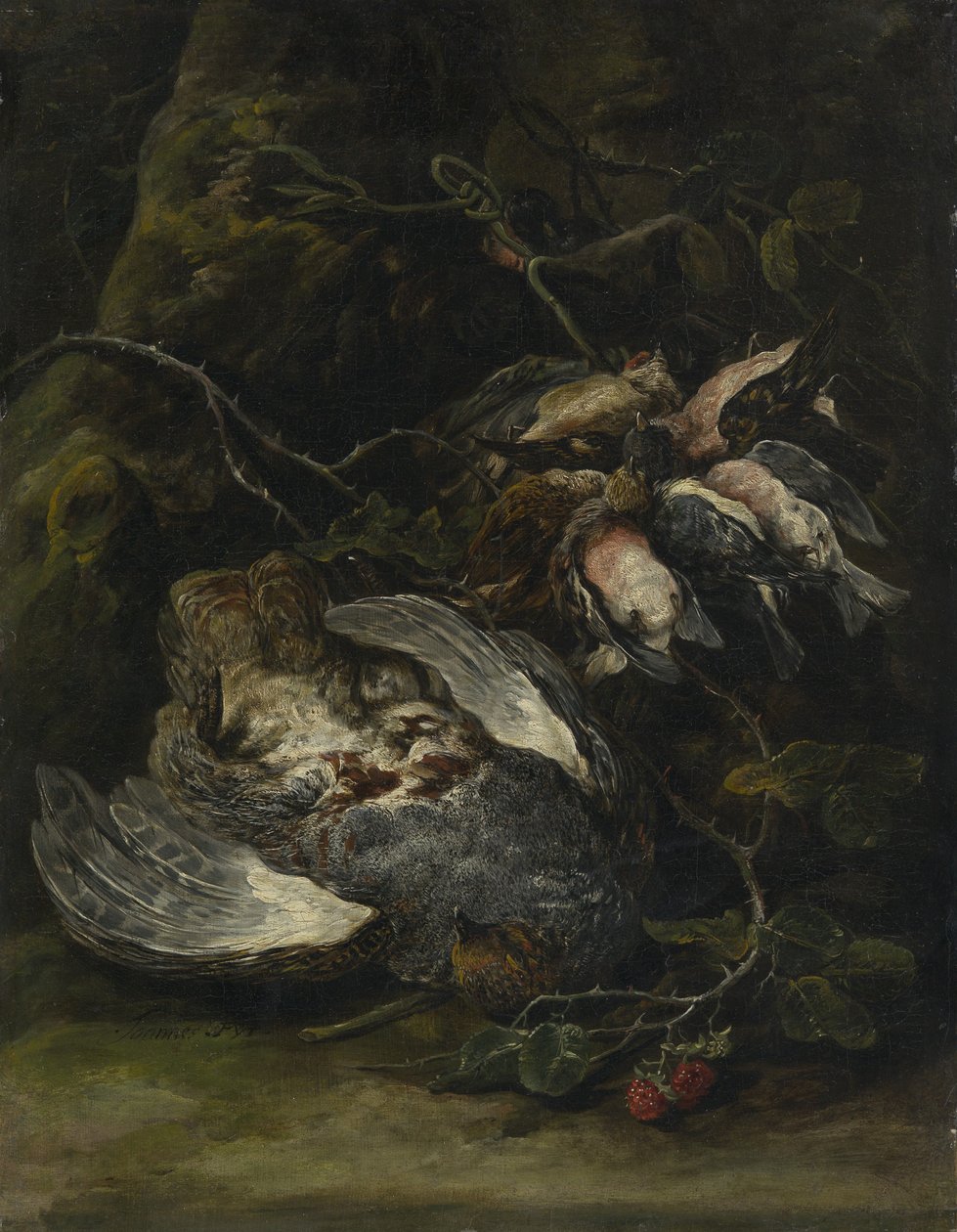 En rapphøne og småfugler, 1650-tallet. av Jan Fyt