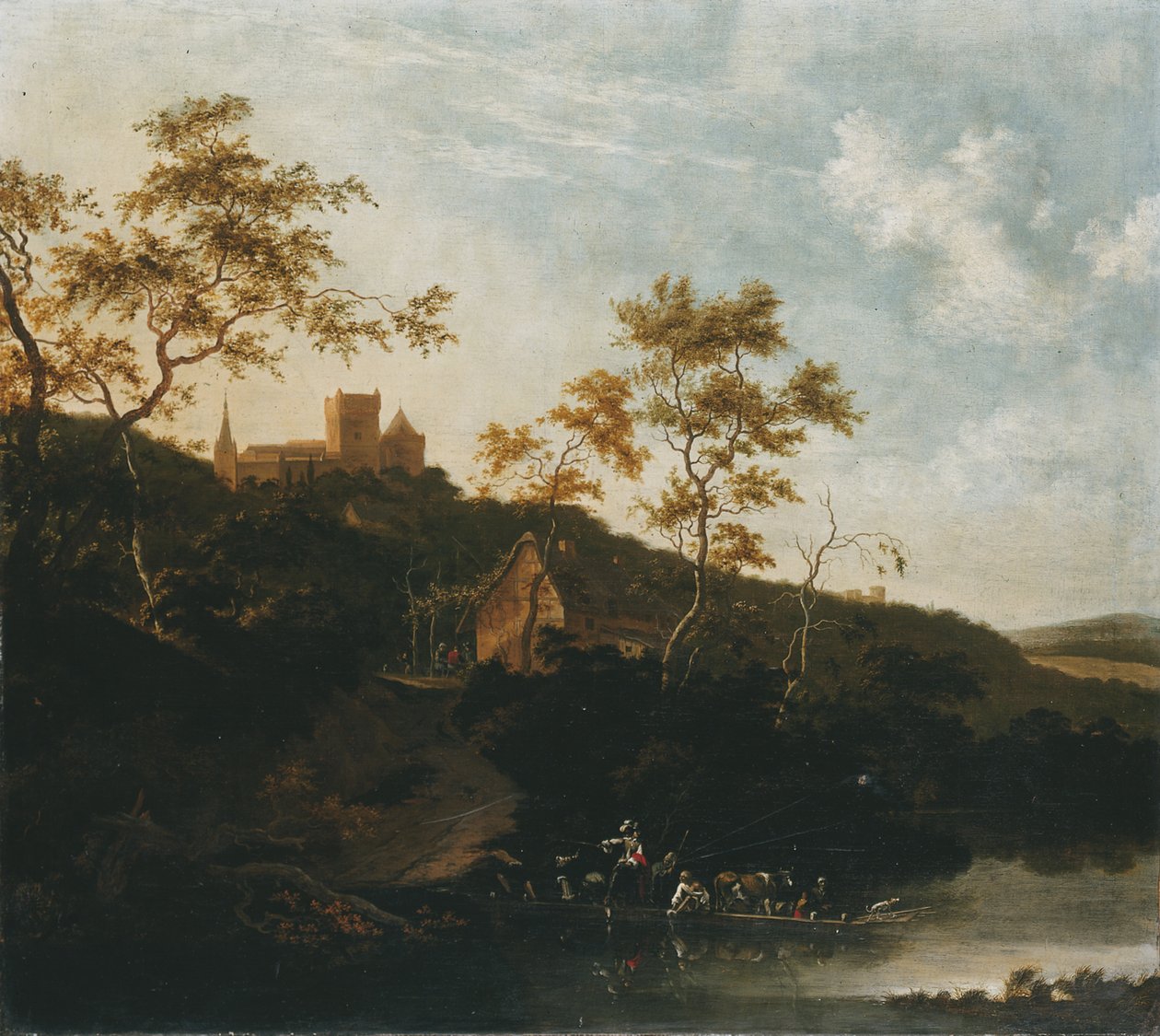 Et elvelandskap med en gentleman på hesteryggen og bønder i en ferge, en taverna under et slott bortenfor av Jan Gabrielsz. Sonje