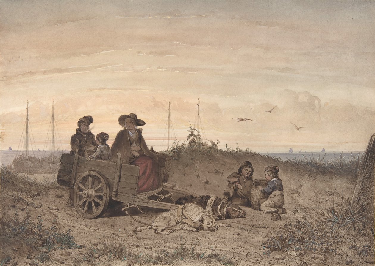 En fiskers familie på stranden, moren og et av barna som sitter i en vogn, 1855. av Jan Gerard Smits