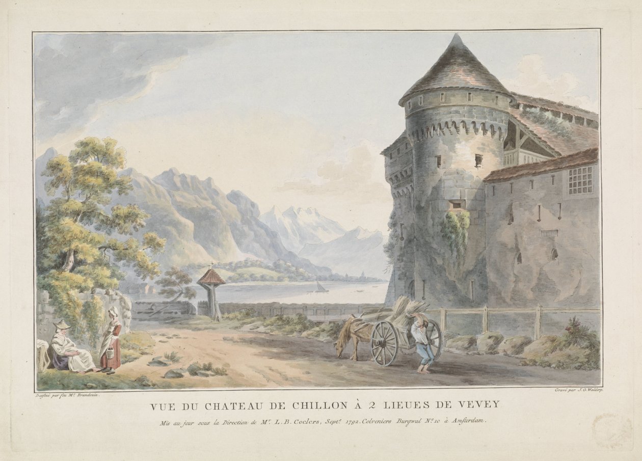 Utsikt over Chillon kasteel Castle Vue du Chateau de Chillon à 2 lieues de Vevey (tittel på objekt) av Jan Gerard Waldorp