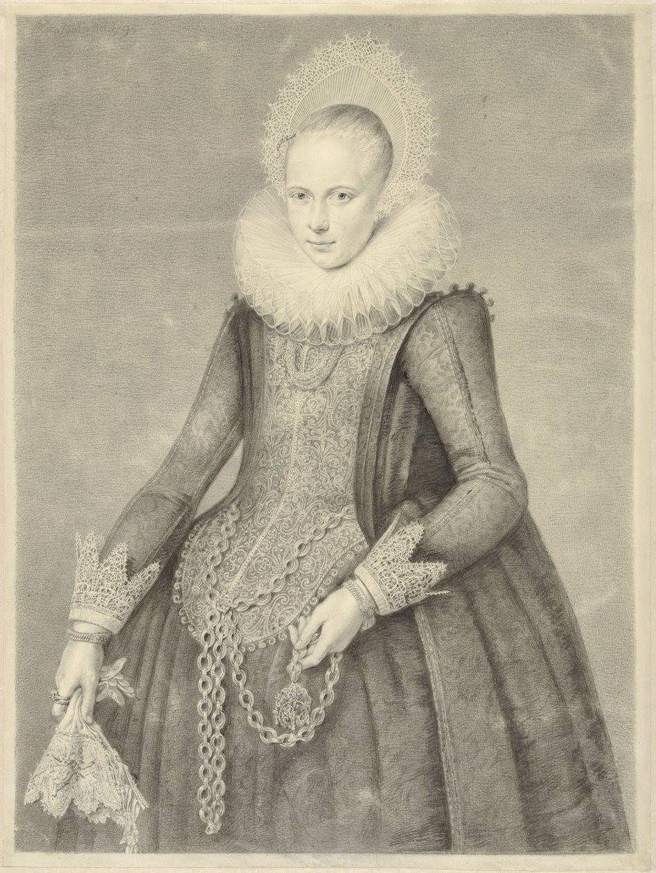 Portrett av en kvinne med hansker og halskjede med holder for en bezoar-stein (?) av Jan Gerard Waldorp