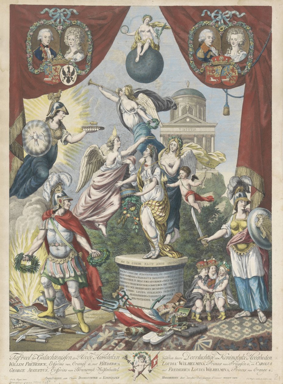 Setning om ekteskapene til sønnen og datteren til William V, 1790-1791 Tafreel til minne om de høye ekteskapene mellom (...) Willem Frederick, arveprins av Orange &, med Frederica Louisa Wilhelmina, Princes van Pruyssen &, og Carolus George Aug av Jan Gerritsz. Visser