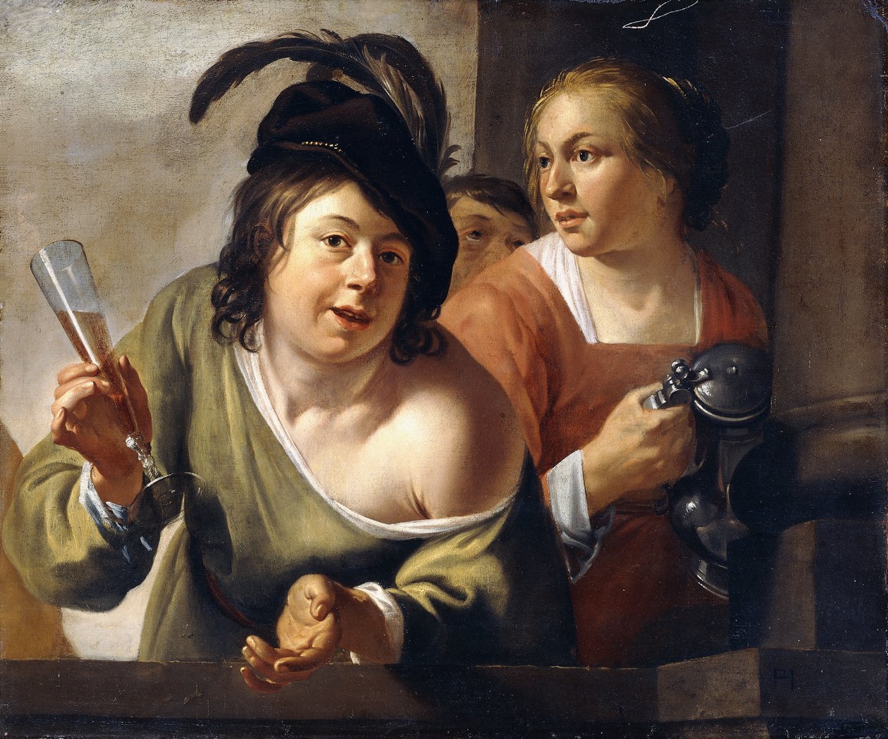 En ung topper og en tjenestepike som drikker på en balkong, av Jan Gerritsz. van Bronckhorst