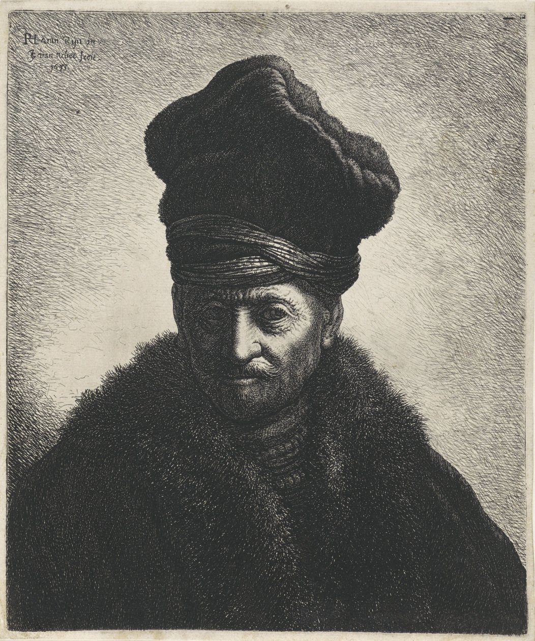 Byste av en mann med pelshatt Tronies etter Rembrandt (serietittel) av Jan Gillisz. van Vliet
