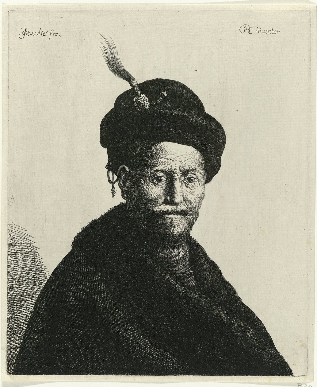 Byste av en mann med turban Tronies etter Rembrandt (serietittel) av Jan Gillisz. van Vliet