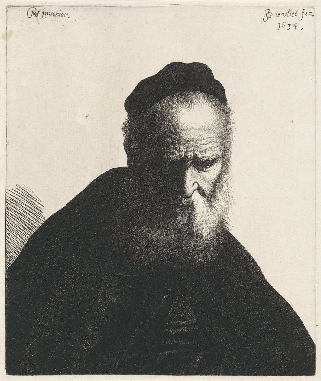 Byste av en gammel mann med skjegg og hatt Tronies etter Rembrandt (serietittel) av Jan Gillisz. van Vliet