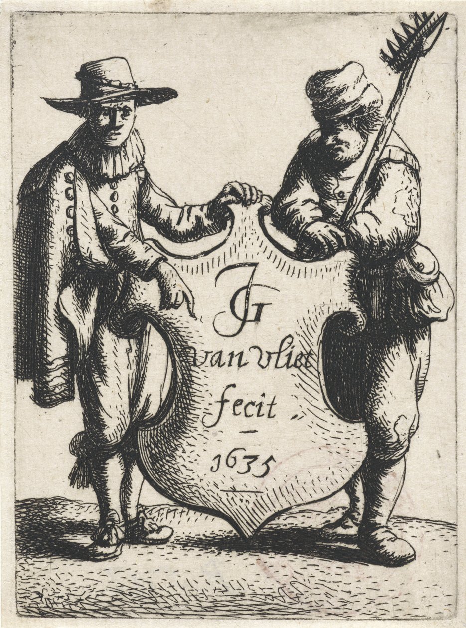 Elegant mann og en skorsteinsfeier nær et våpenskjold Stående figurer (serietittel) av Jan Gillisz. van Vliet