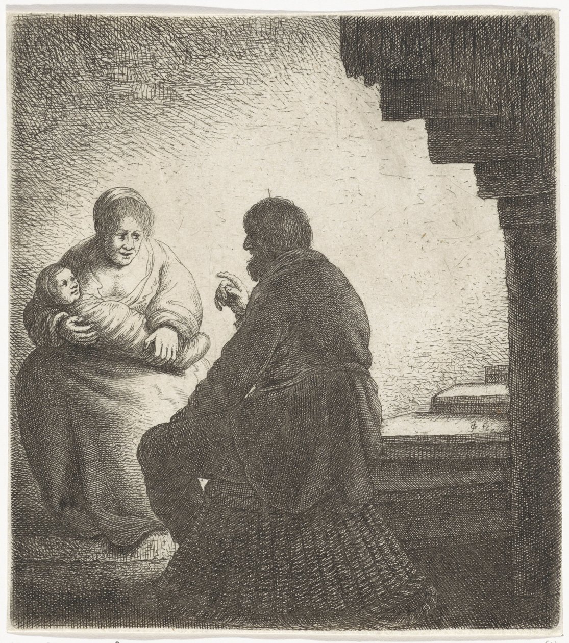 Familie sitter ved en spiraltrapp av Jan Gillisz. van Vliet