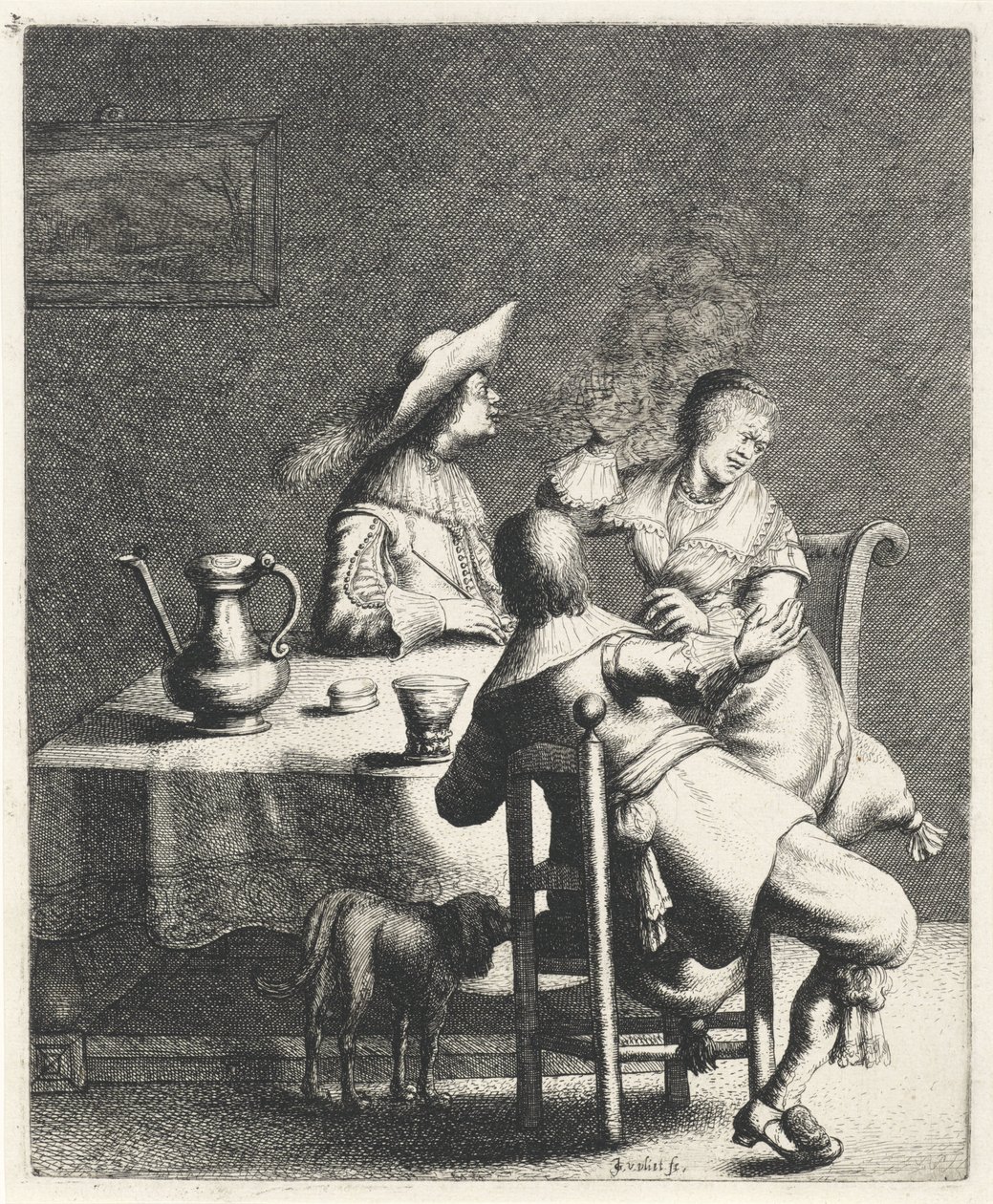 Røyker blåser røyk mot en kvinne Lukt The Five Senses (serietittel) av Jan Gillisz. van Vliet