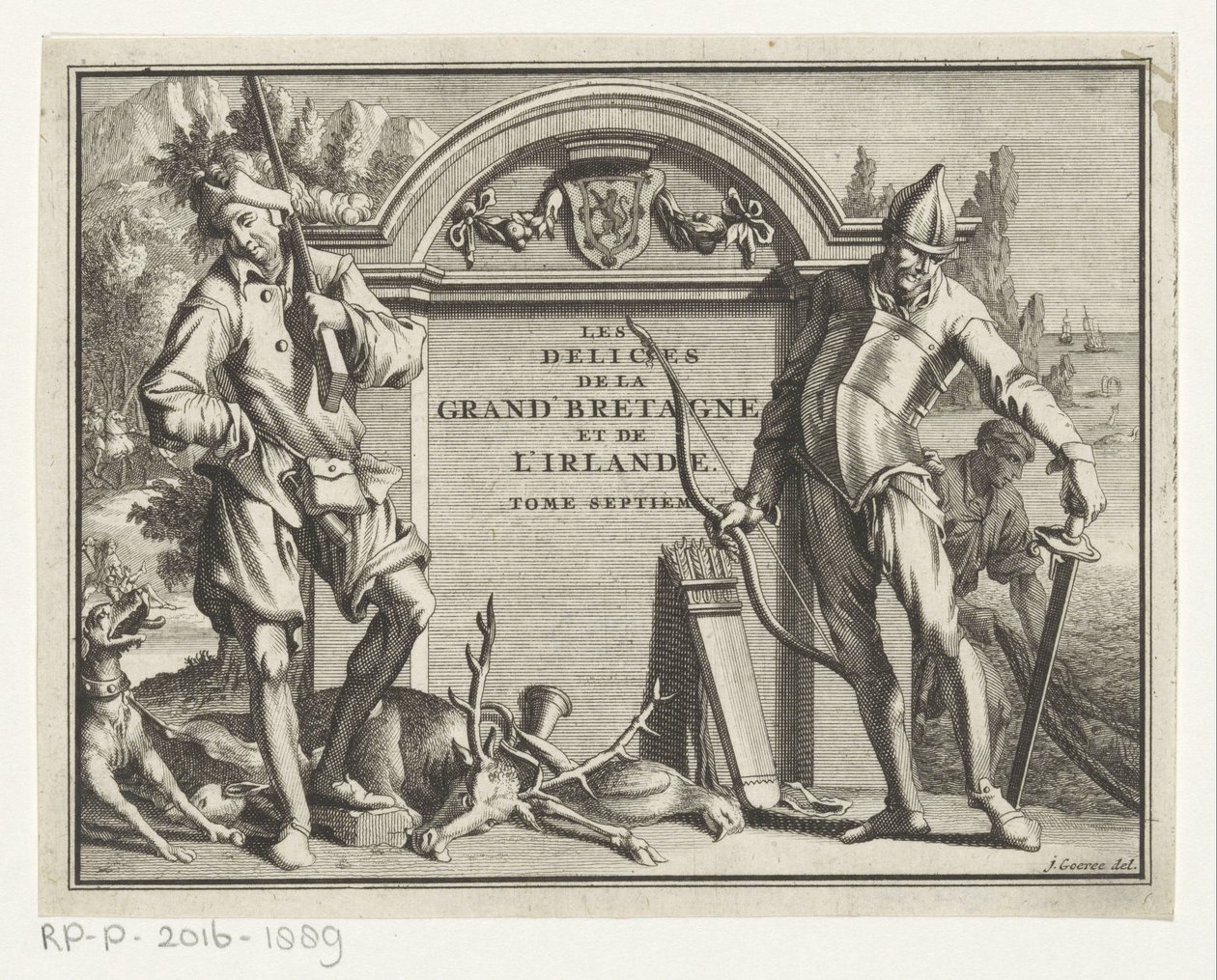 Twee jagers for arkitektoniske omgivelser Tittelside for: James Beeverell, The delights of Great Britain and Ireland, bind syv, 1707 av Jan Goeree (possibly)
