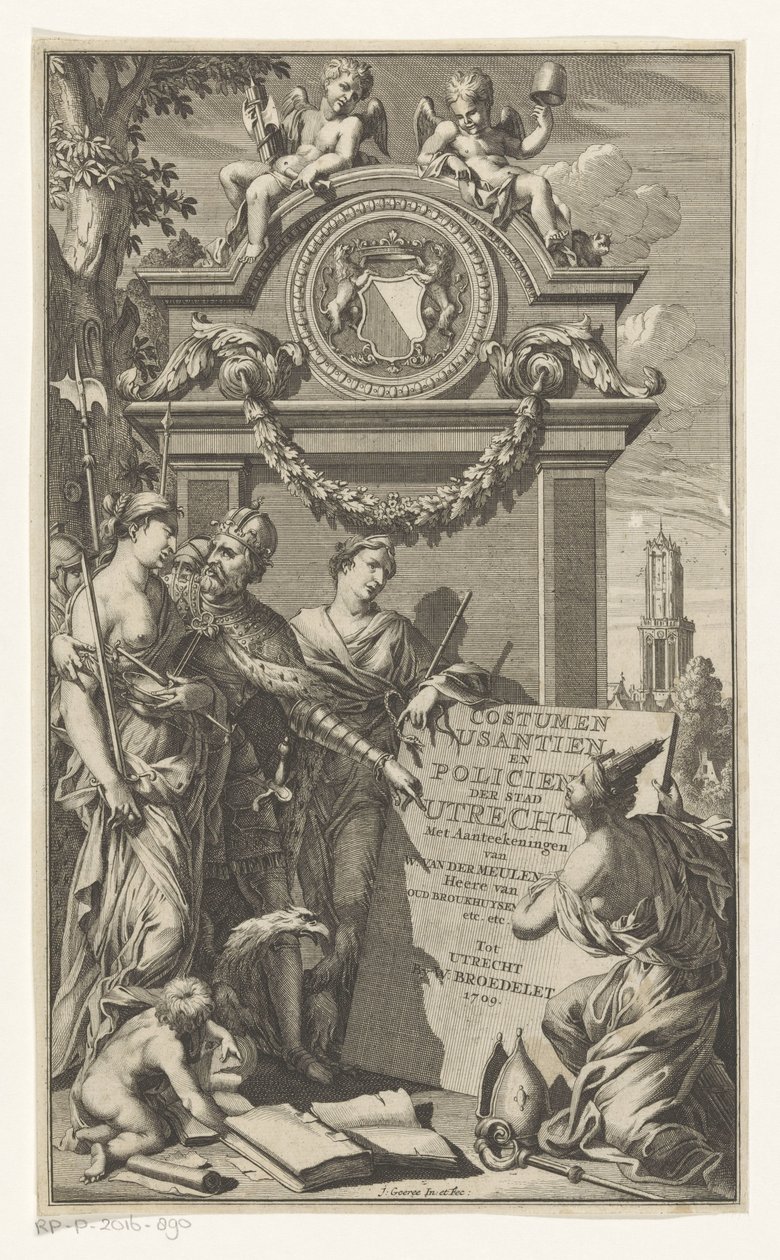 Rettferdighet lærer lovene til Utrecht Costumen Usantien en Policien der stad Utrecht (tittel på objekt) Tittelside for Willem Van der Meulen, Costumen, usantien, policien ende style of litigation, der stadt Utrecht, 1709 av Jan Goeree