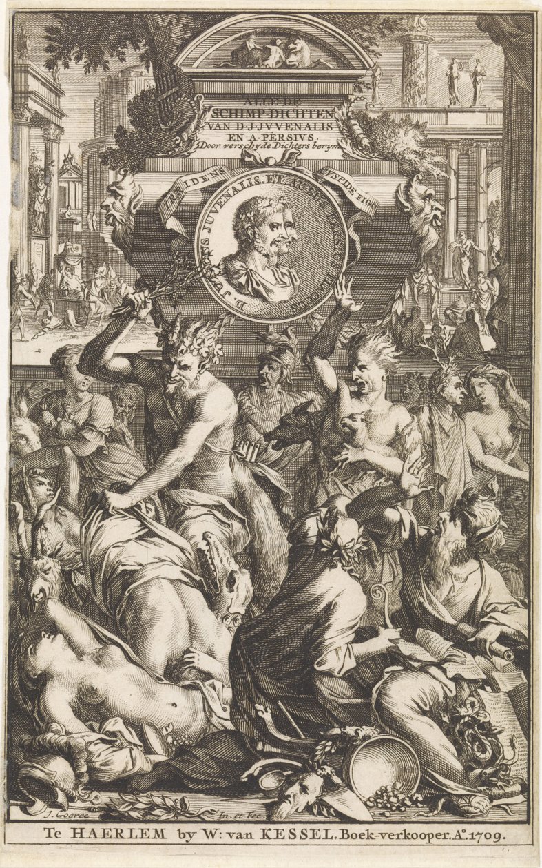 Romas bacchanal Tittelside for Decius Junius Juvenalis en Aulus Persius Flaccus, Alle de schimpdichten, 1709 Alle de schimpdichten D.J.Jvenalis en A. Persivs door verschyde dichters berymt (tittel på objekt) av Jan Goeree