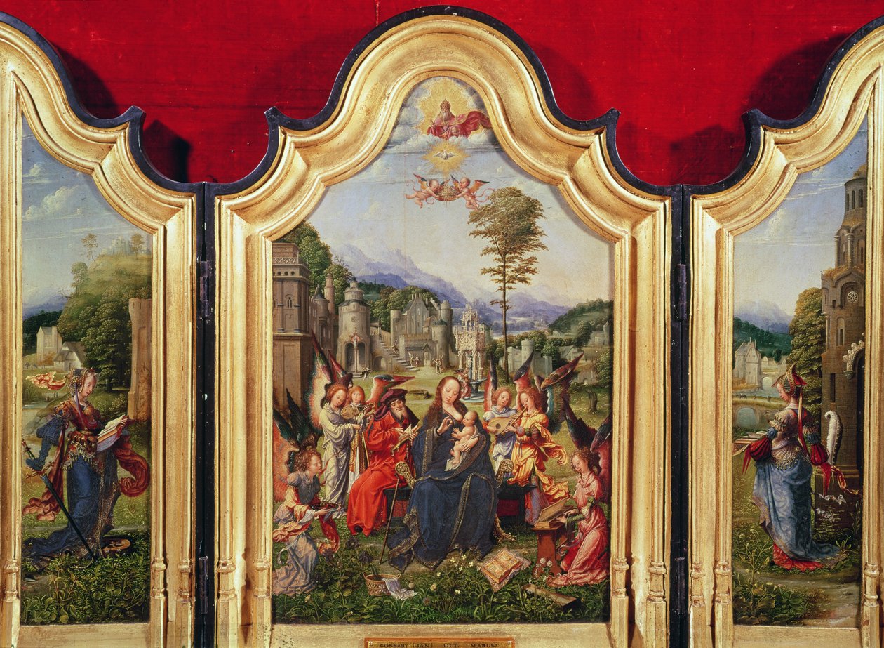 Den hellige familie med Saint Catherine og Saint Barbara av Jan Gossaert