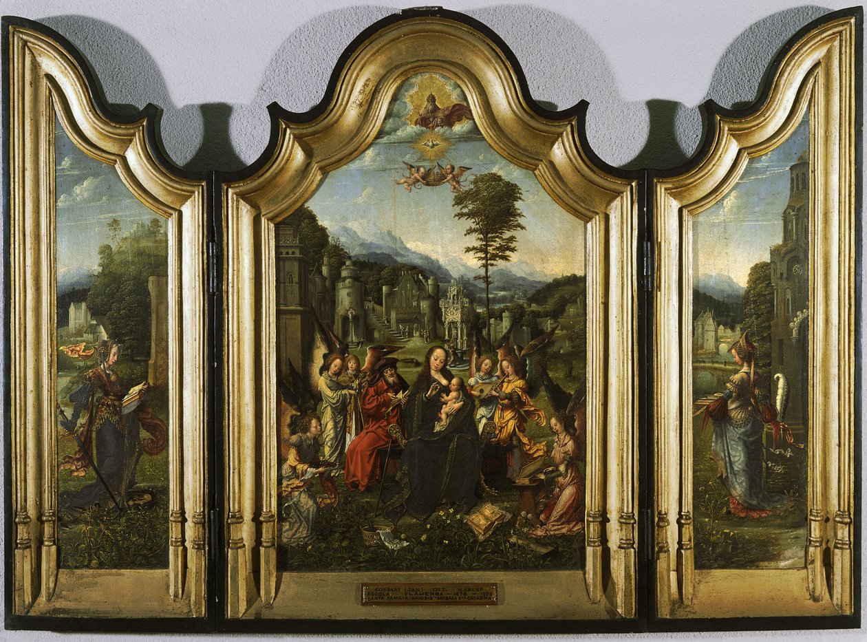 Triptych Den hellige familie med Saint Catherine og Saint Barbara, ca. 1505 av Jan Gossaert